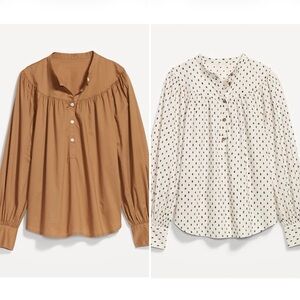 Lot of 2 OLD NAVY Brown & Beige Puff-Sleeve Henley Swing Blouse or Tops Sz S